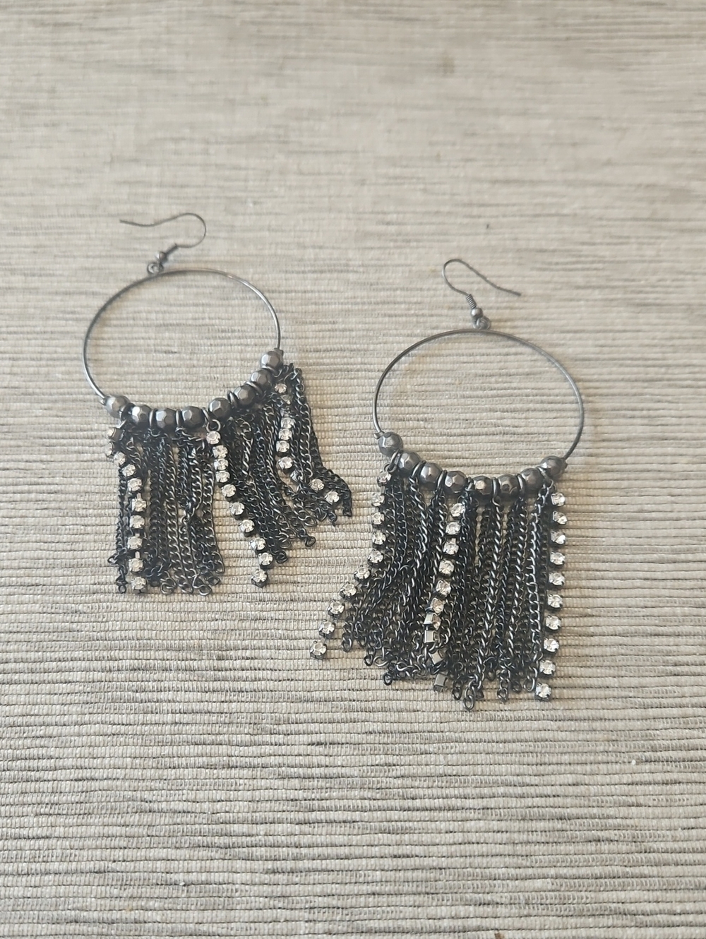 4 For $10 Gunmetal Fringe Hoop Earrings with Rhinestone Accents